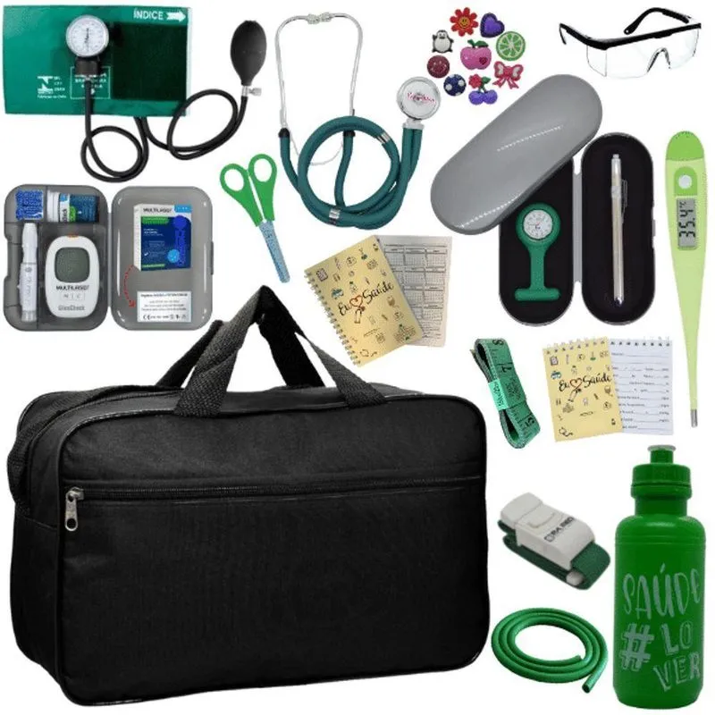 Kit Bolsa Cores Aparelho De Pressao Esfigmomanometro Estetoscópio Medidor De Glicose Verde