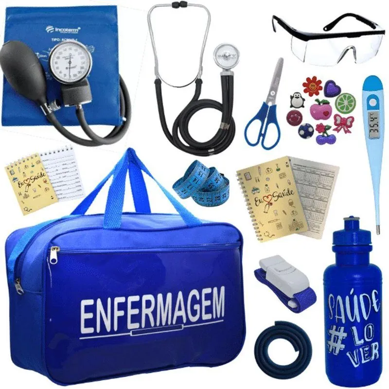Kit Bolsa Aparelho De Pressão Esfigmomanômetro Enfermagem Azul