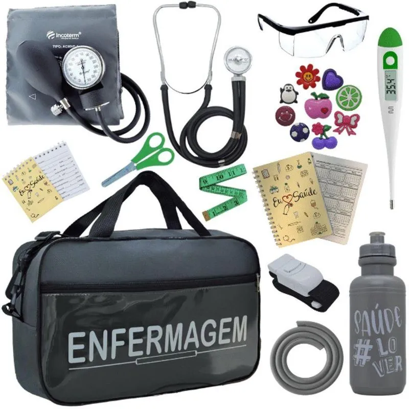 Kit Bolsa Aparelho De Pressão Esfigmomanômetro Enfermagem Cinza