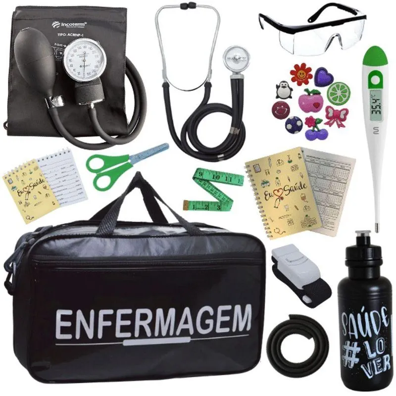 Kit Bolsa Aparelho De Pressão Esfigmomanômetro Enfermagem Preto