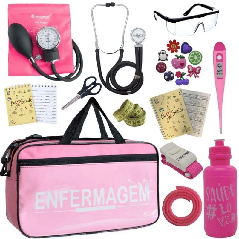 Kit Bolsa Aparelho De Pressão Esfigmomanômetro Enfermagem Rosa