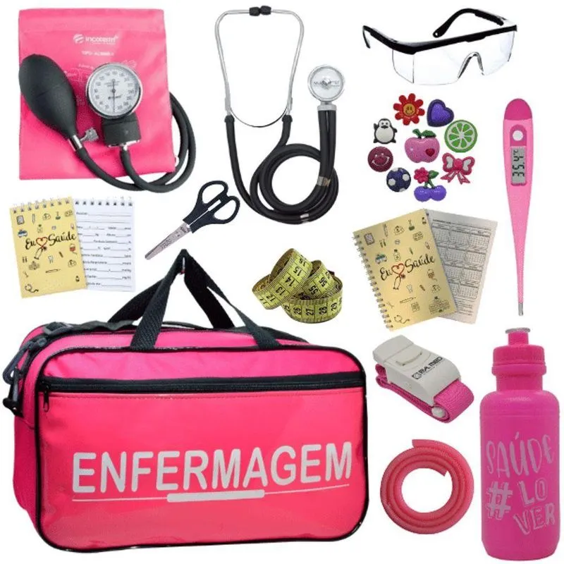 Kit Bolsa Aparelho De Pressão Esfigmomanômetro Enfermagem Fúcsia