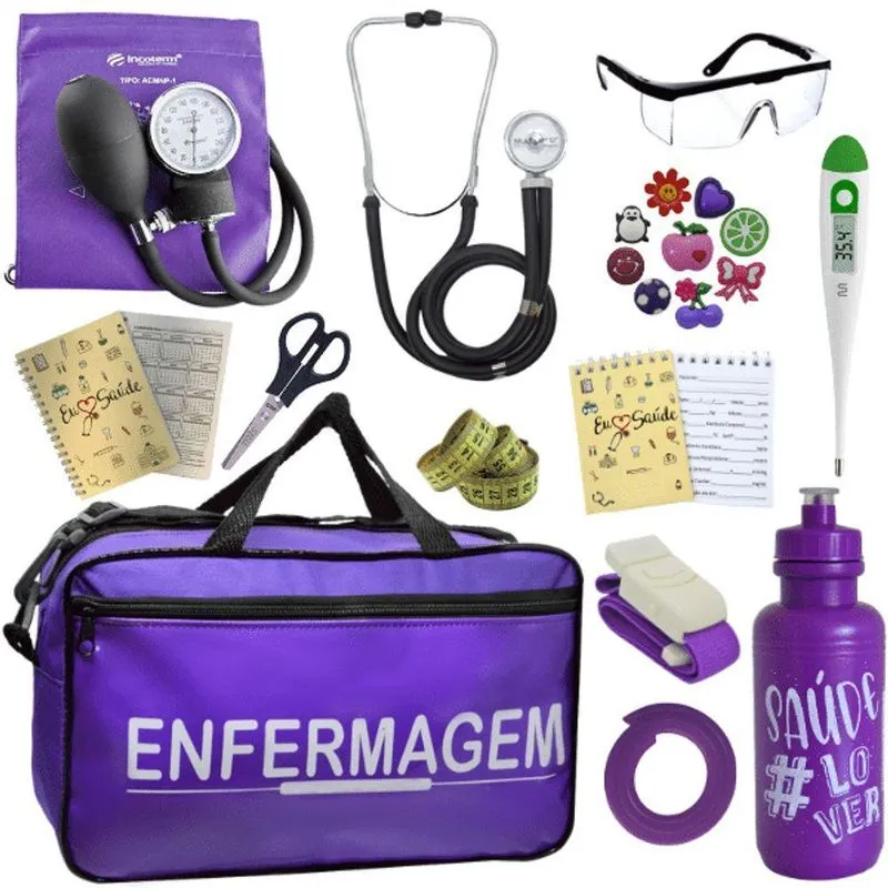 Kit Bolsa Aparelho De Pressão Esfigmomanômetro Enfermagem Violeta Escuro
