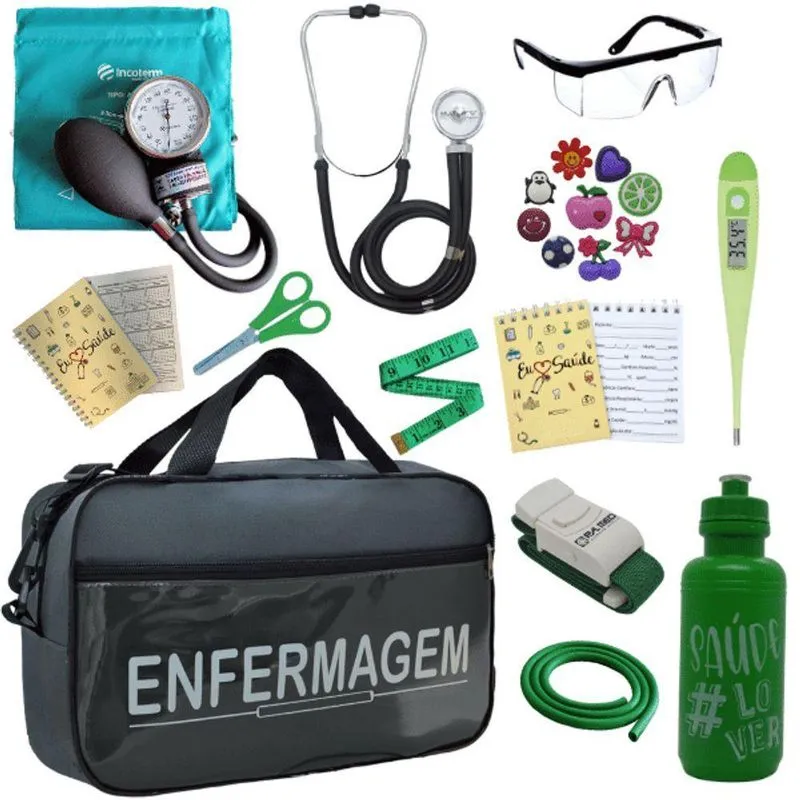 Kit Bolsa Aparelho De Pressão Esfigmomanômetro Enfermagem Verde