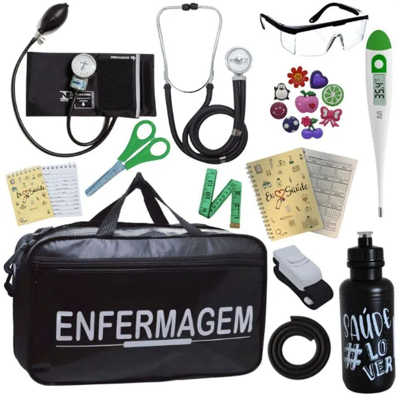 Kit Bolsa Aparelho Pressão Esfigmomanômetro Enfermagem Preto