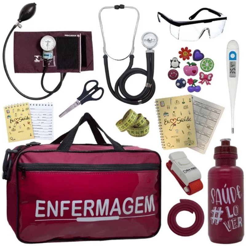 Kit Bolsa Aparelho Pressão Esfigmomanômetro Enfermagem Vermelho Escuro