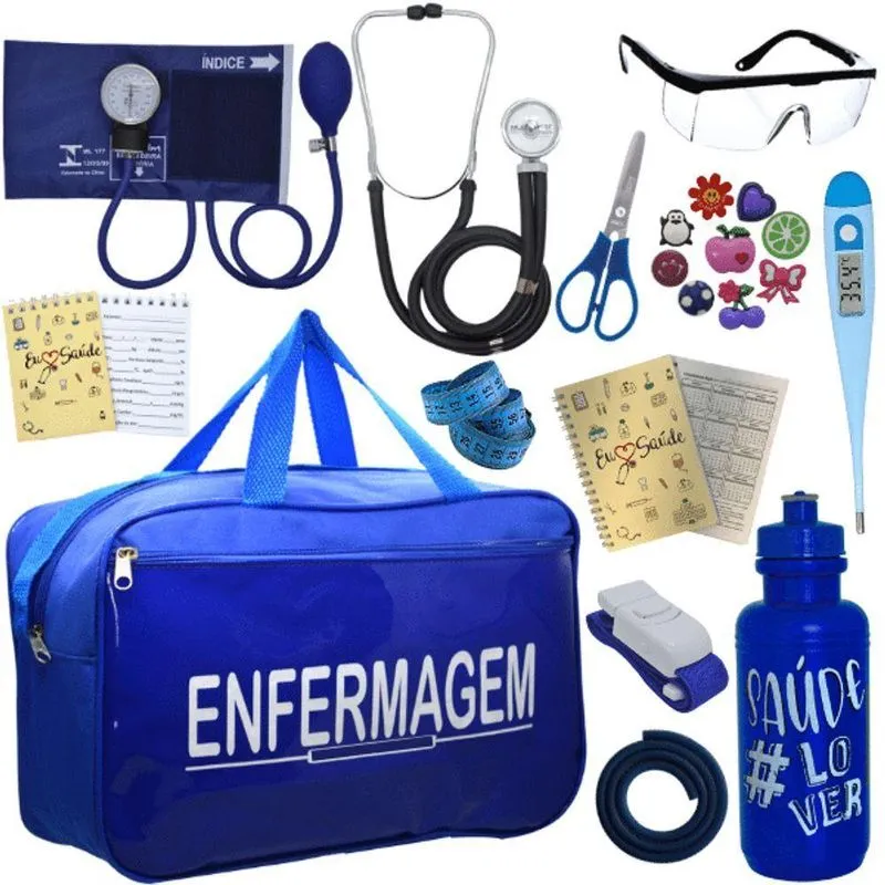 Kit Bolsa Aparelho De Pressão Esfigmomanômetro Enfermagem Azul
