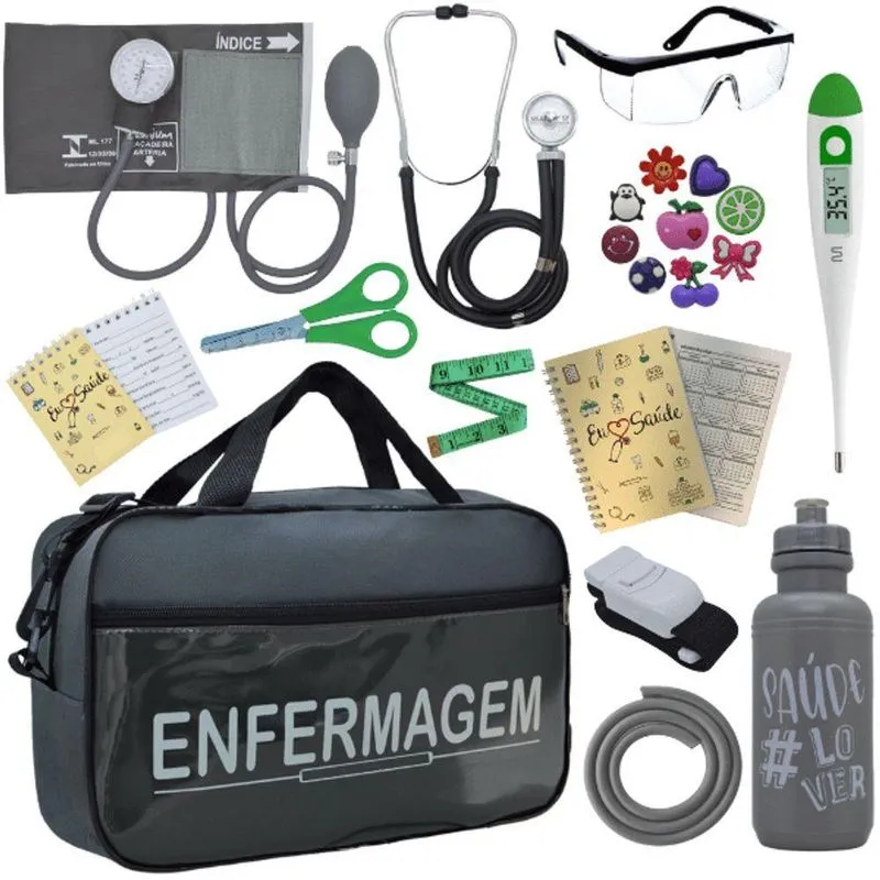 Kit Bolsa Aparelho De Pressão Esfigmomanômetro Enfermagem Cinza