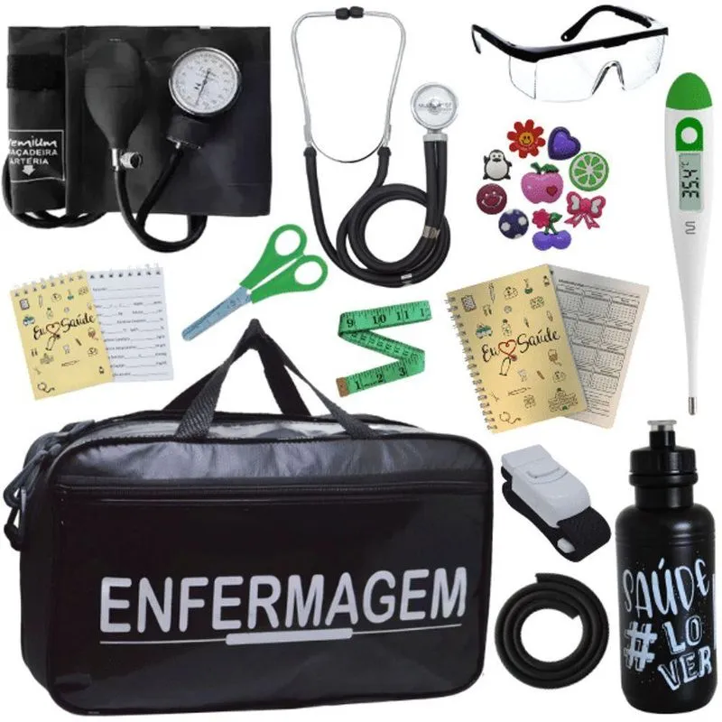 Kit Bolsa Aparelho De Pressão Esfigmomanômetro Enfermagem Preto