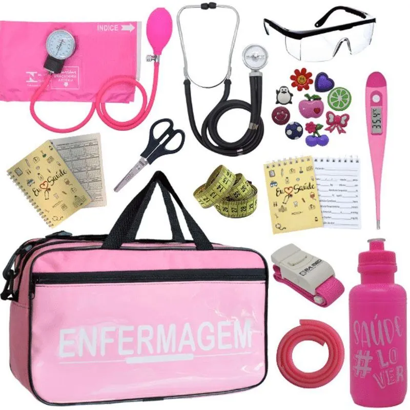 Kit Bolsa Aparelho De Pressão Esfigmomanômetro Enfermagem Rosa