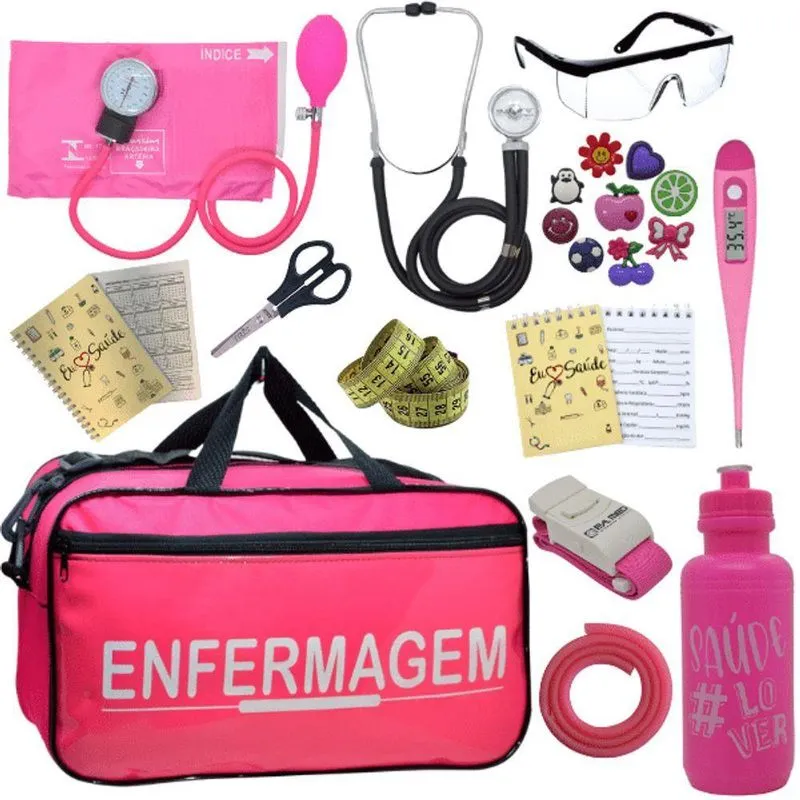 Kit Bolsa Aparelho De Pressão Esfigmomanômetro Enfermagem Fúcsia