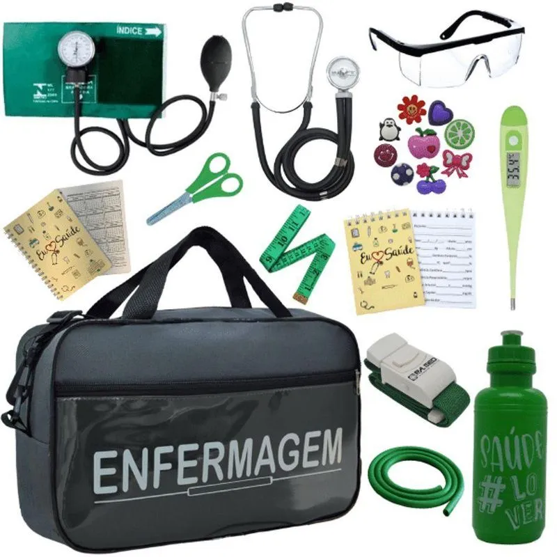 Kit Bolsa Aparelho De Pressão Esfigmomanômetro Enfermagem Verde