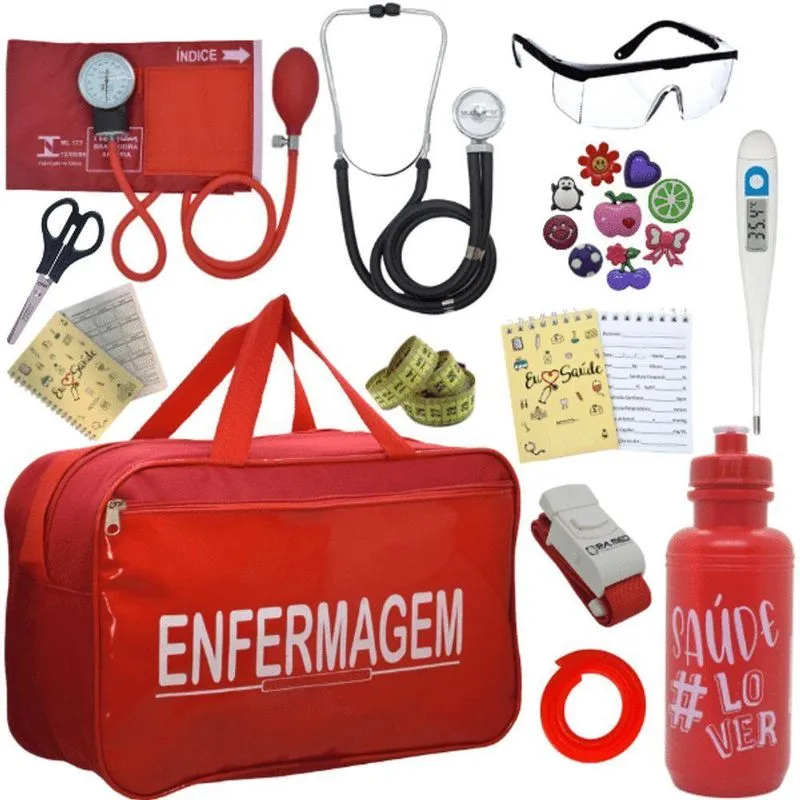 Kit Bolsa Aparelho De Pressão Esfigmomanômetro Enfermagem Vermelho