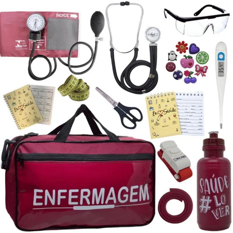Kit Bolsa Aparelho De Pressão Esfigmomanômetro Enfermagem Vermelho Escuro