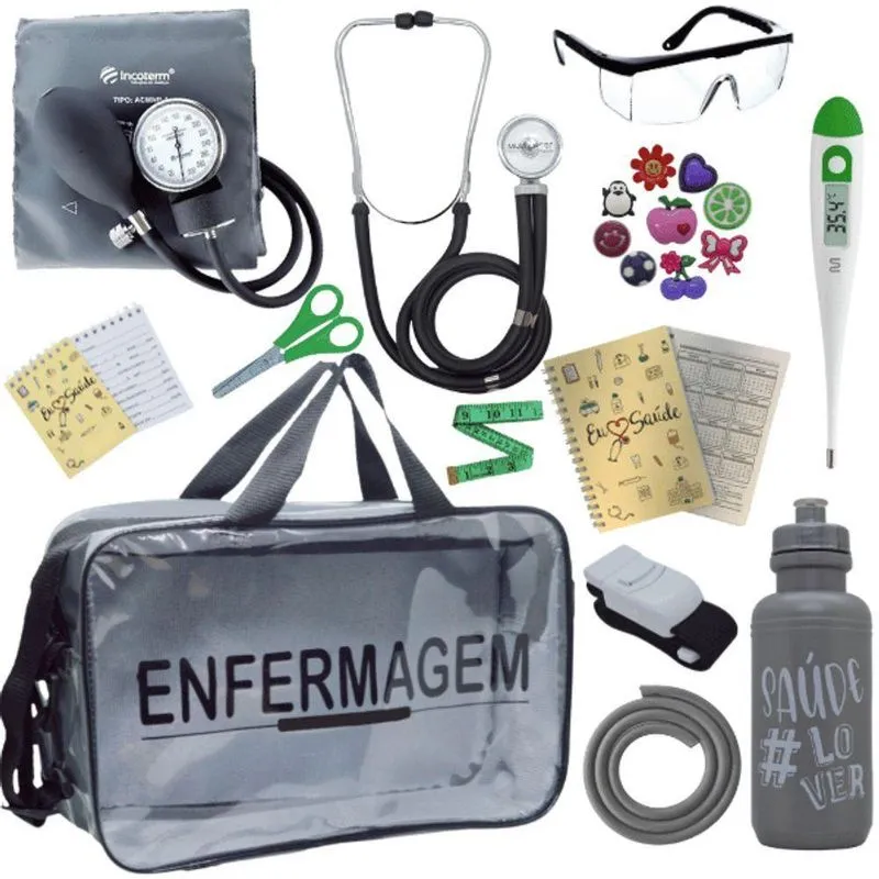 Kit Bolsa Aparelho De Pressão Aneroide Esteto Enfermagem Cinza