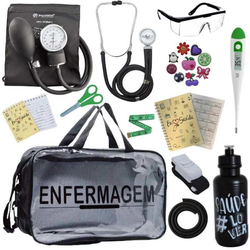 Kit Bolsa Aparelho De Pressão Aneroide Esteto Enfermagem Preto