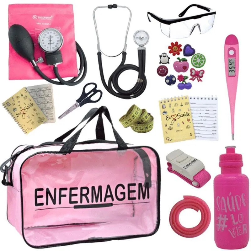 Kit Bolsa Aparelho De Pressão Aneroide Esteto Enfermagem Fúcsia