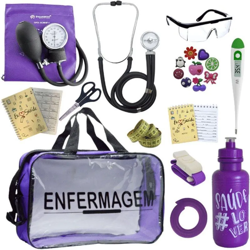 Kit Bolsa Aparelho De Pressão Aneroide Esteto Enfermagem Violeta Escuro