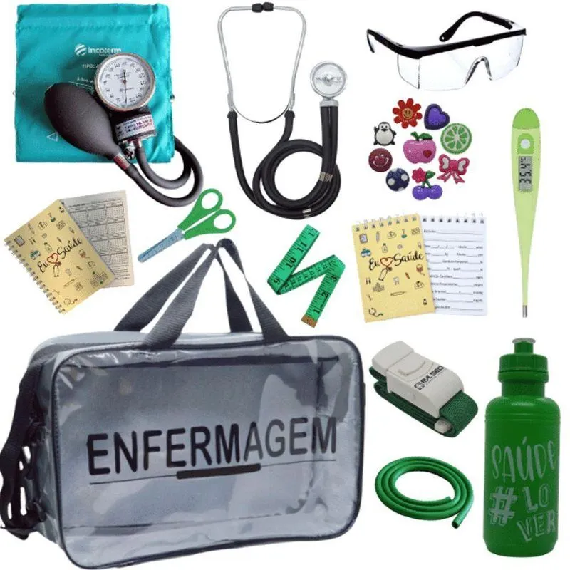Kit Bolsa Aparelho De Pressão Aneroide Esteto Enfermagem Verde