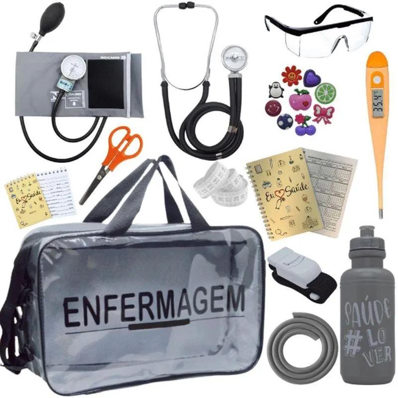 Kit Bolsa Aparelho De Pressão Aneroide Esteto Enfermagem Cinza