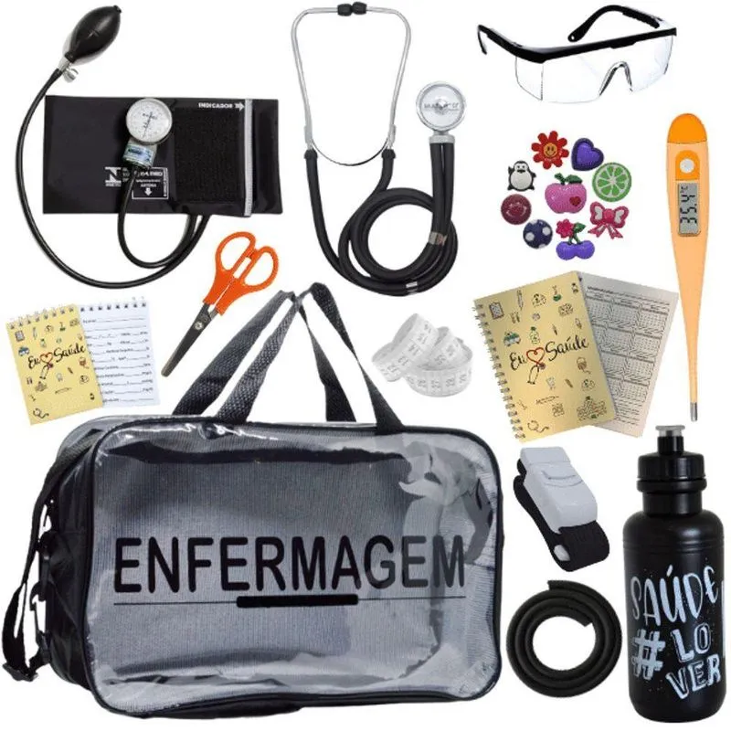 Kit Bolsa Aparelho De Pressão Aneroide Esteto Enfermagem Preto
