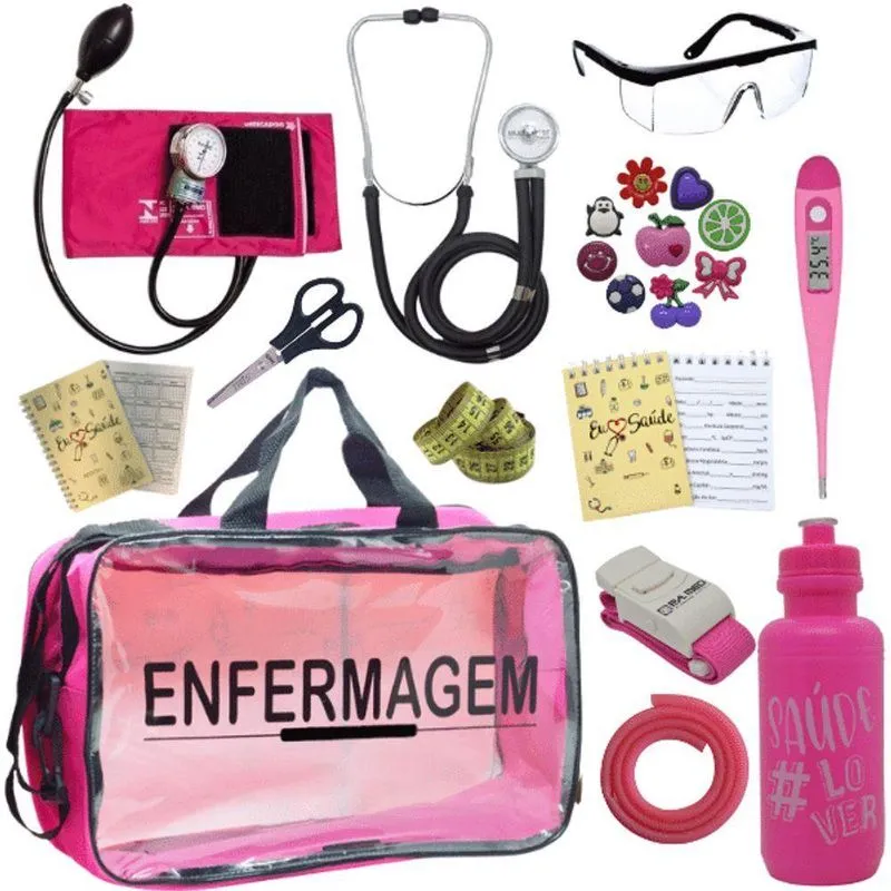 Kit Bolsa Aparelho De Pressão Aneroide Esteto Enfermagem Fúcsia