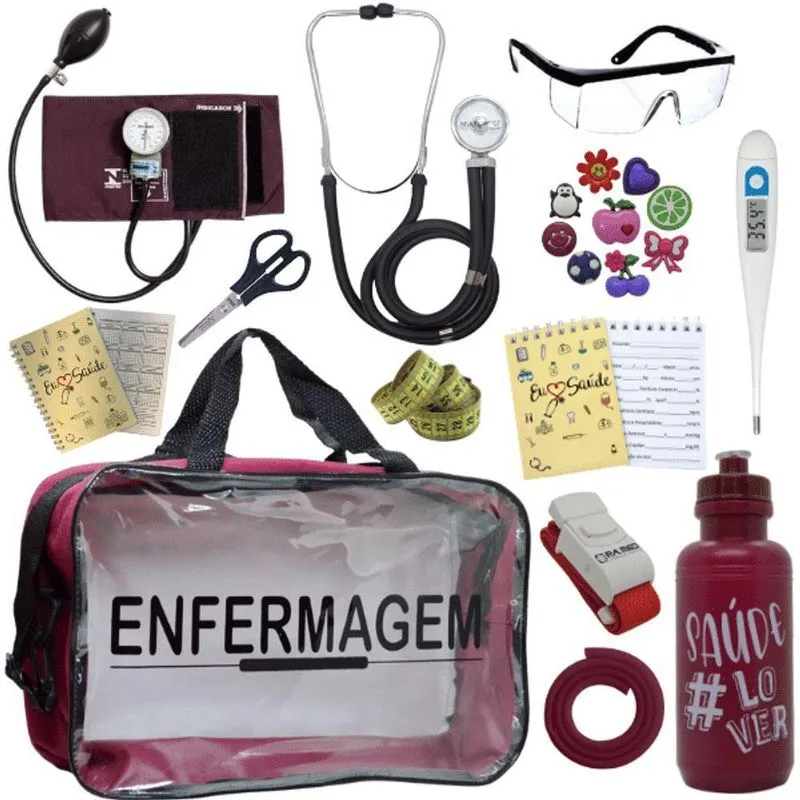 Kit Bolsa Aparelho De Pressão Aneroide Esteto Enfermagem Vermelho Escuro