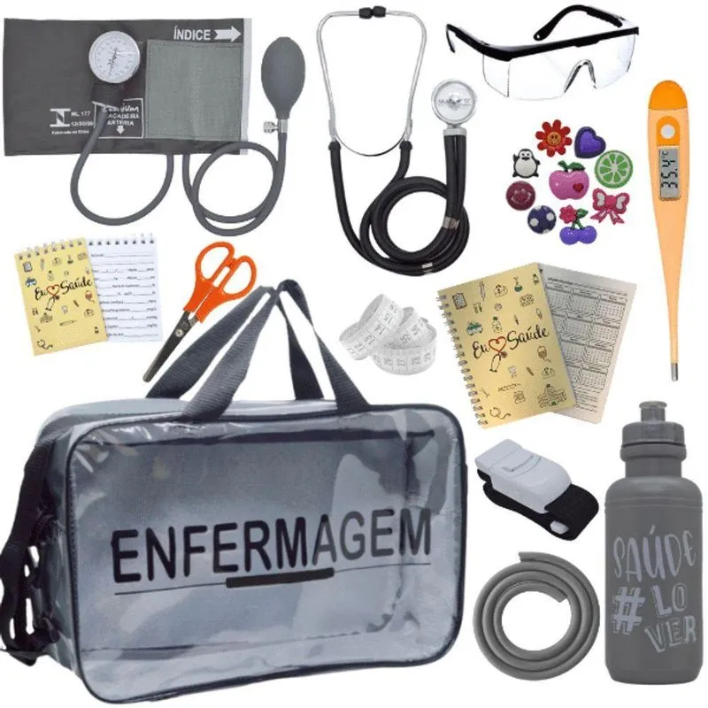 Kit Bolsa Aparelho De Pressão Aneroide Esteto Enfermagem Cinza
