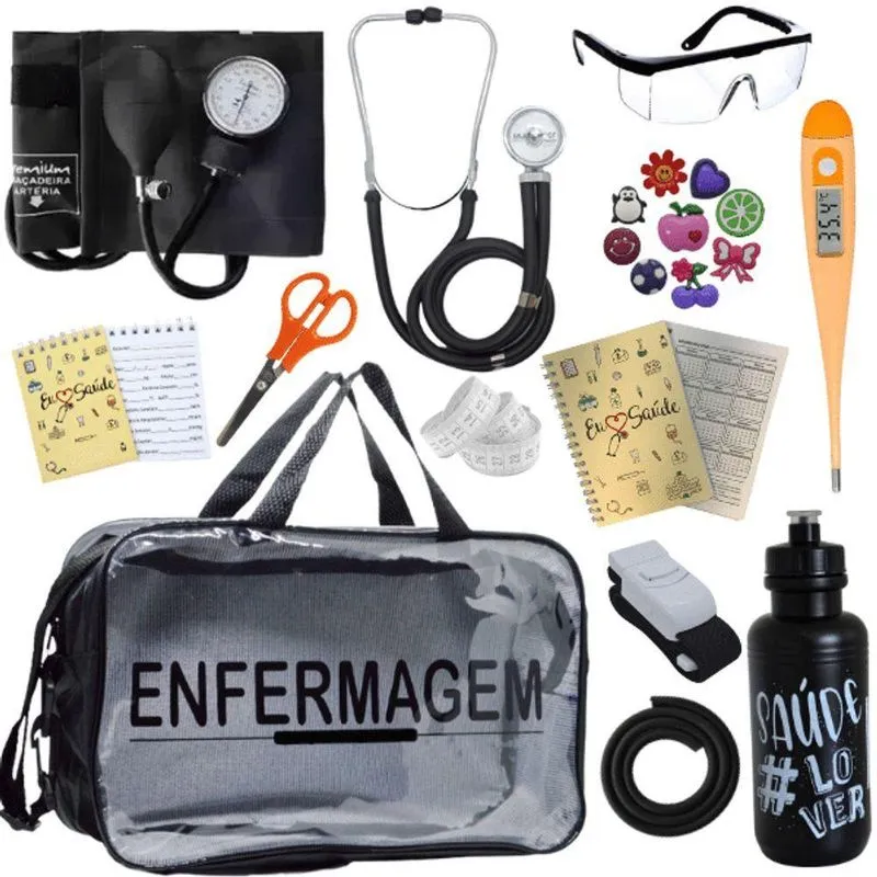 Kit Bolsa Aparelho De Pressão Aneroide Esteto Enfermagem Preto