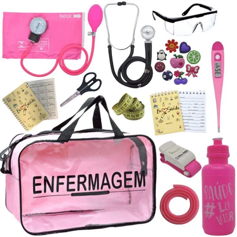 Kit Bolsa Aparelho De Pressão Aneroide Esteto Enfermagem Fúcsia