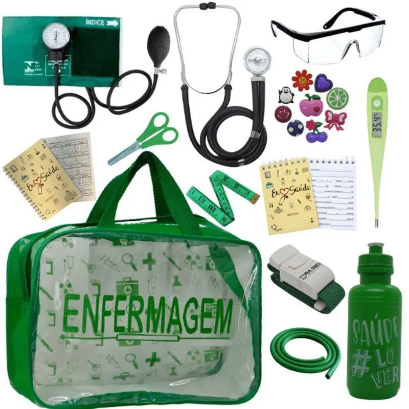 Kit Bolsa Aparelho De Pressão Aneroide Esteto Enfermagem Verde