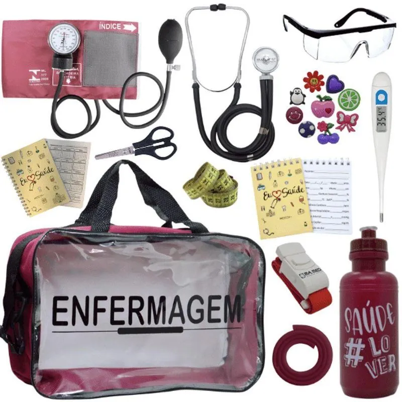 Kit Bolsa Aparelho De Pressão Aneroide Esteto Enfermagem Vermelho Escuro