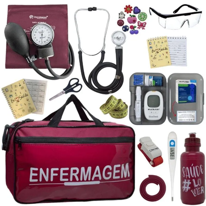 Kit Bolsa Aparelho De Pressão Esfigmomanômetro Medidor Enfermagem Vermelho Escuro