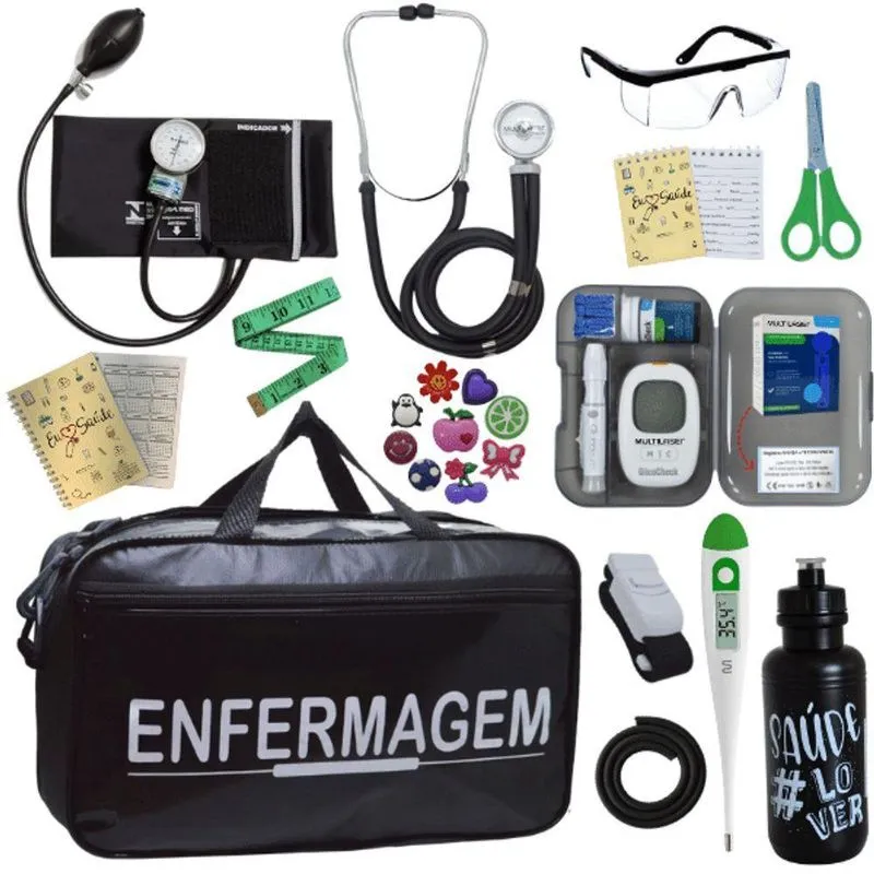 Kit Bolsa Aparelho De Pressão Esfigmomanômetro Medidor Enfermagem Preto