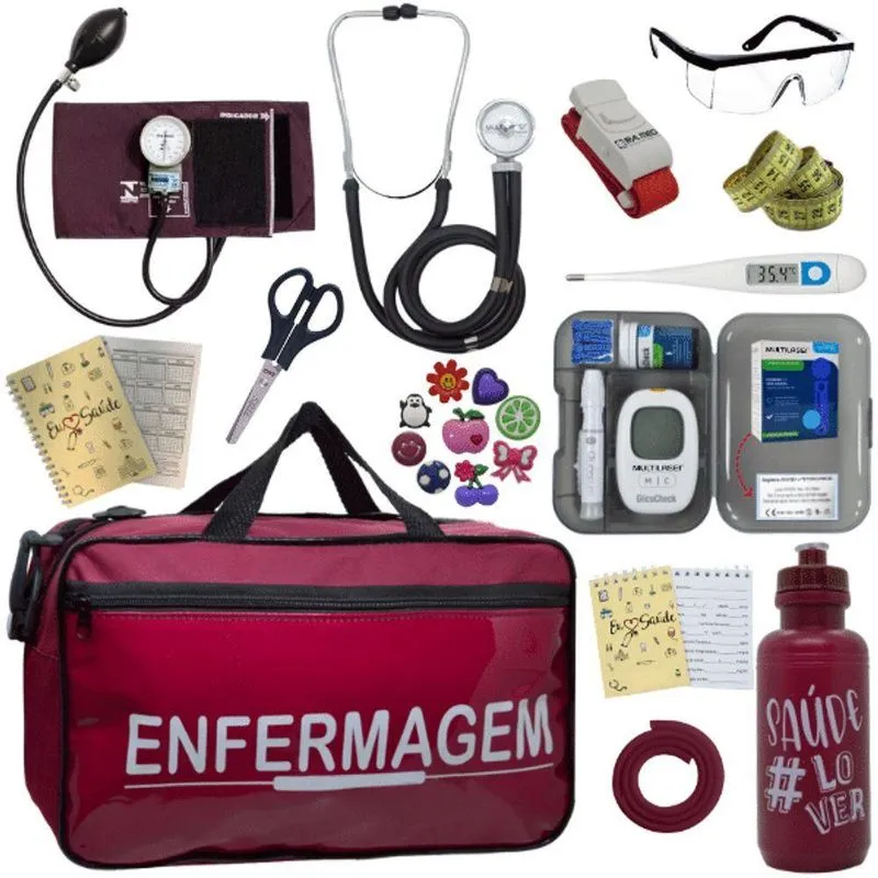Kit Bolsa Aparelho De Pressão Esfigmomanômetro Medidor Enfermagem Vermelho Escuro