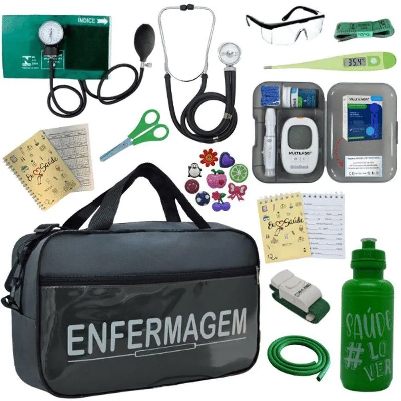 Kit Bolsa Aparelho De Pressão Esfigmomanômetro Medidor Enfermagem Verde
