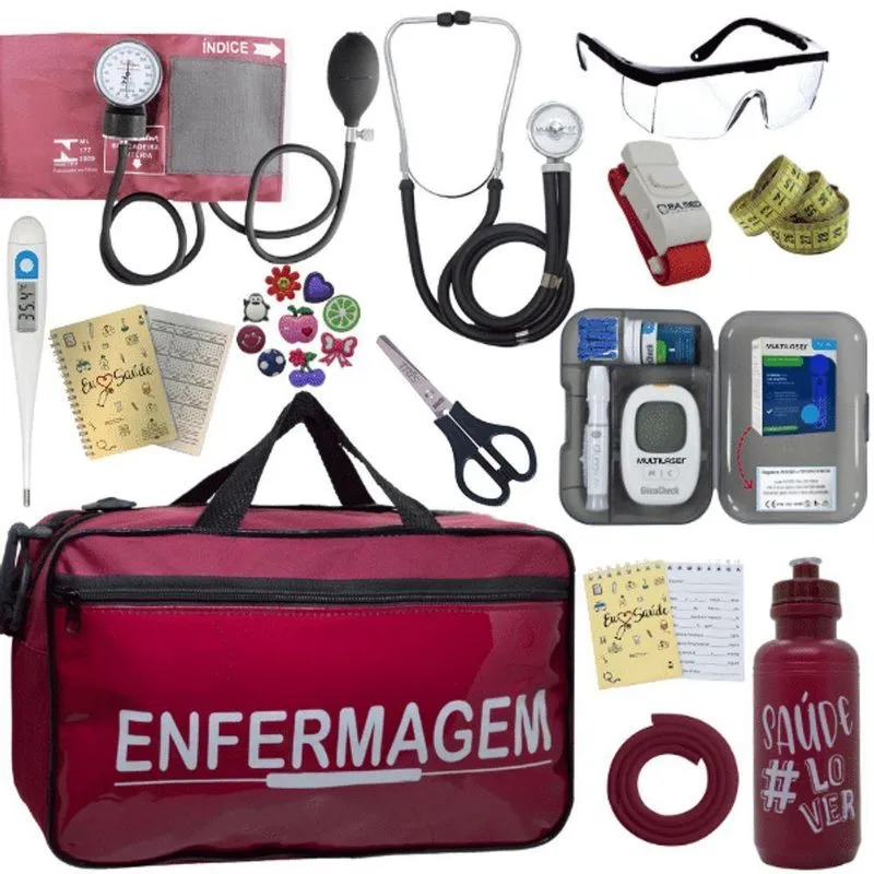Kit Bolsa Aparelho De Pressão Esfigmomanômetro Medidor Enfermagem Vermelho Escuro