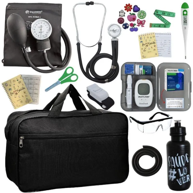 Kit Bolsa Aparelho De Pressão Esfigmomanômetro Esteto Medidor Preto