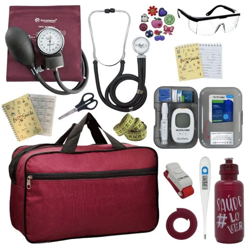 Kit Bolsa Aparelho De Pressão Esfigmomanômetro Esteto Medidor Vermelho Escuro