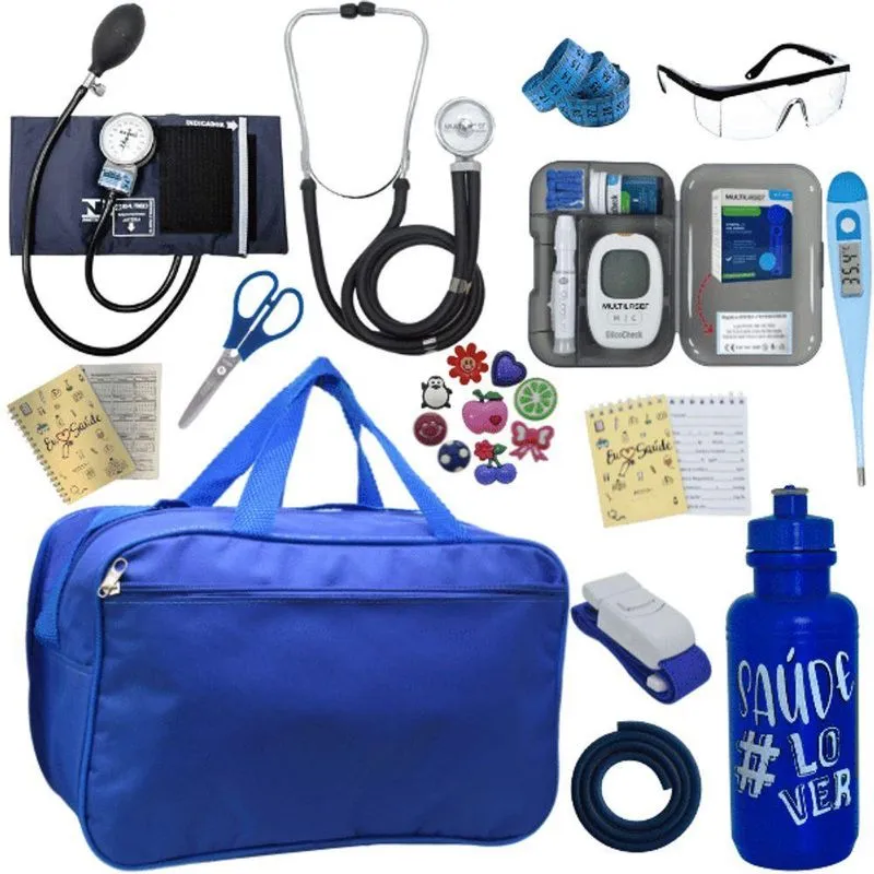 Kit Bolsa Aparelho De Pressão Esfigmomanômetro Esteto Medidor Azul