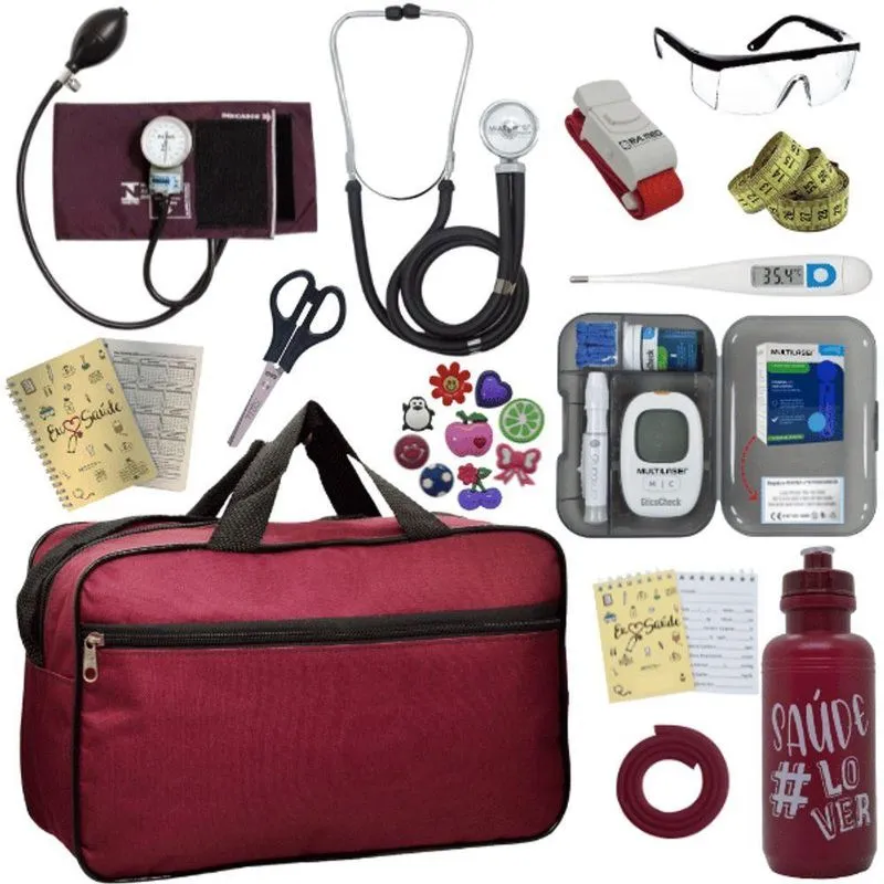 Kit Bolsa Aparelho De Pressão Esfigmomanômetro Esteto Medidor Vermelho Escuro