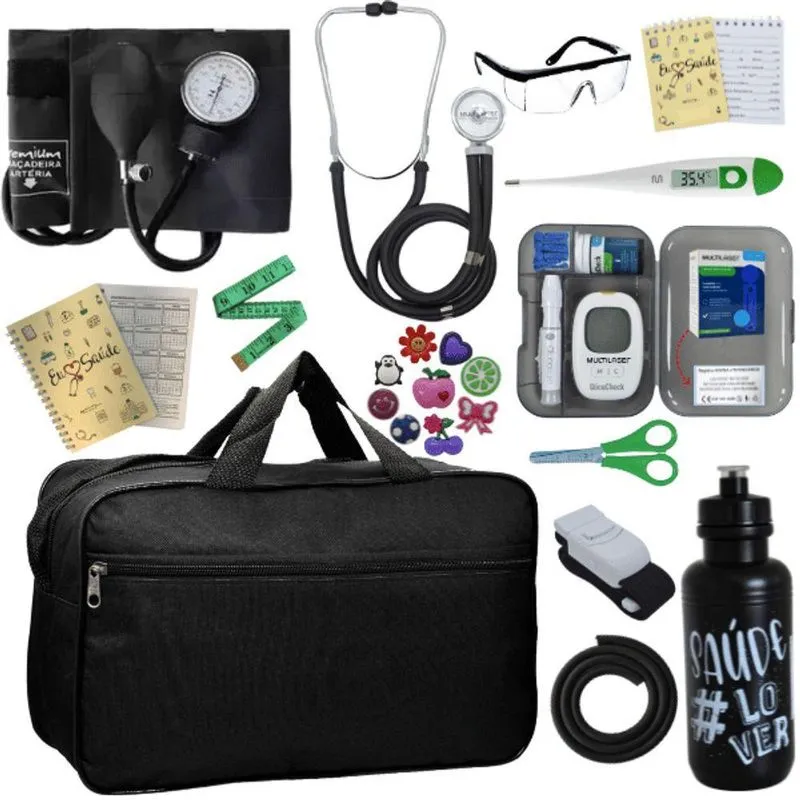 Kit Bolsa Aparelho De Pressão Esfigmomanômetro Esteto Medidor Preto