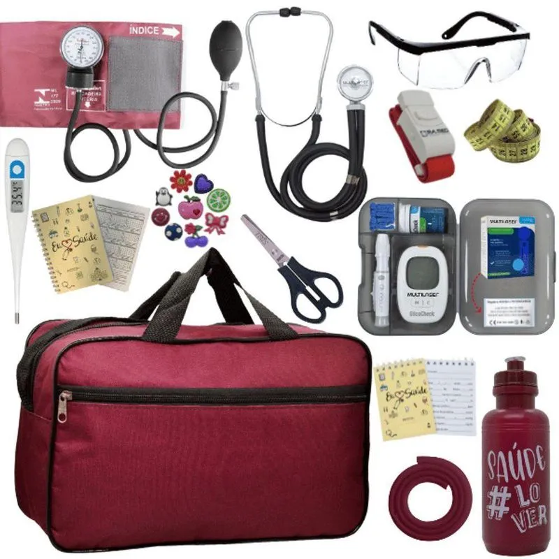 Kit Bolsa Aparelho De Pressão Esfigmomanômetro Esteto Medidor Vermelho Escuro