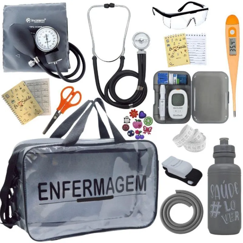 Kit Bolsa Aparelho De Pressão Aneroide Medidor De Glicose Enfermagem Cinza