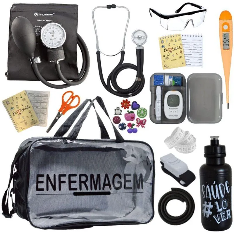 Kit Bolsa Aparelho De Pressão Aneroide Medidor De Glicose Enfermagem Preto