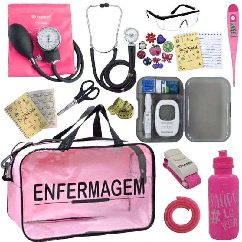 Kit Bolsa Aparelho De Pressão Aneroide Medidor De Glicose Enfermagem Fúcsia