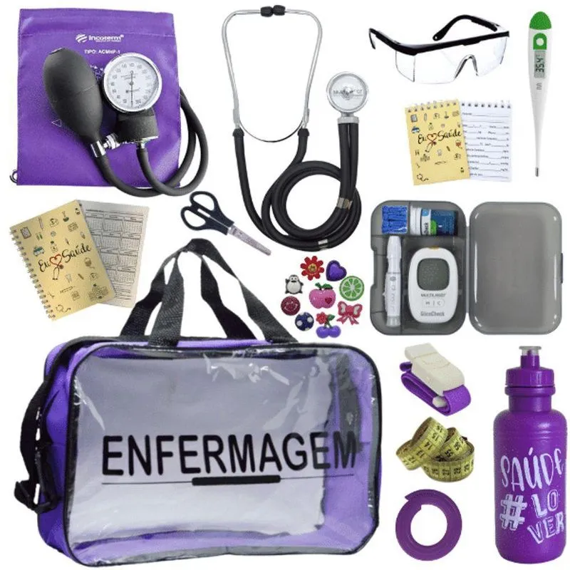 Kit Bolsa Aparelho De Pressão Aneroide Medidor De Glicose Enfermagem Violeta Escuro