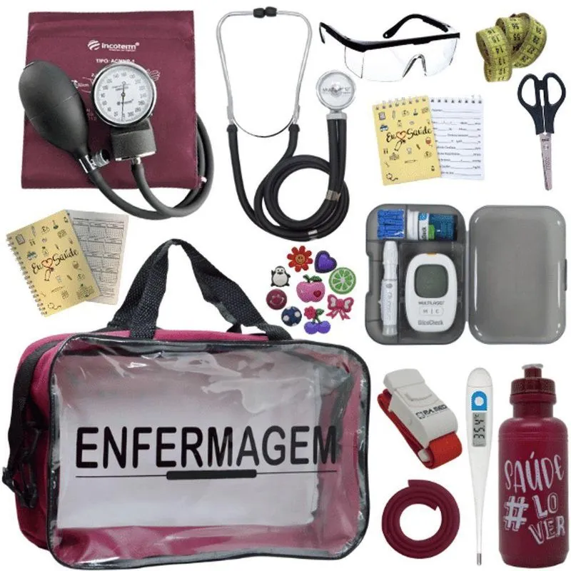 Kit Bolsa Aparelho De Pressão Aneroide Medidor De Glicose Enfermagem Vermelho Escuro