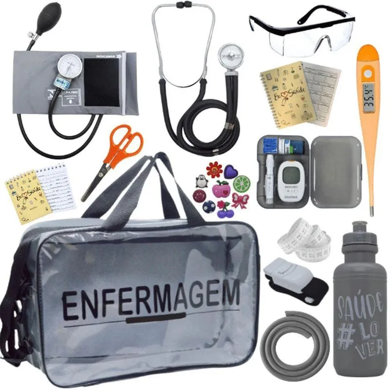 Kit Bolsa Aparelho De Pressão Aneroide Medidor De Glicose Enfermagem Cinza