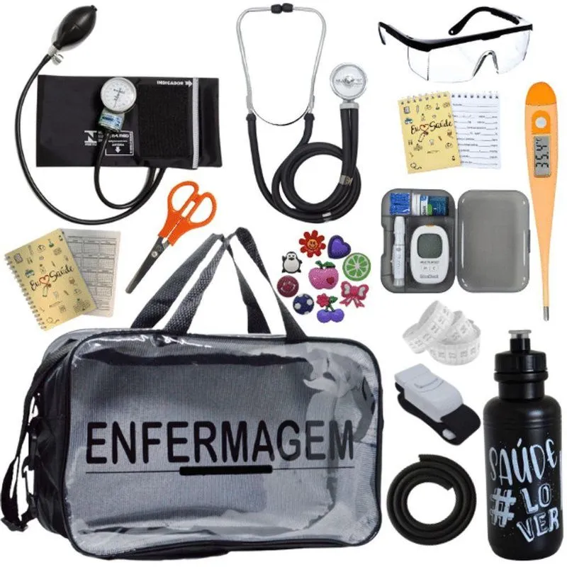 Kit Bolsa Aparelho De Pressão Aneroide Medidor De Glicose Enfermagem Preto